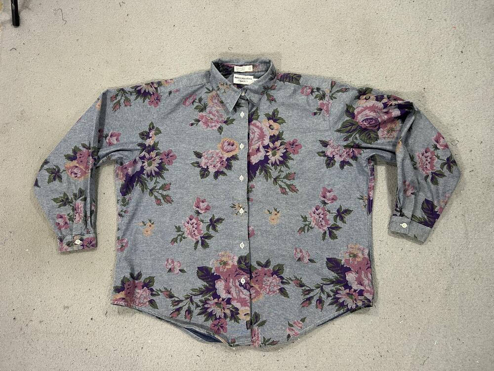 Vintage Abercrombie & Fitch Shirt Womens 14 Gray Floral Button Up Made USA 90s
